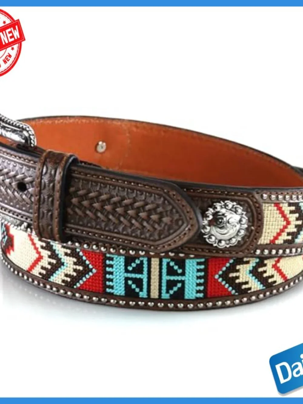 Men's Genuine Leather Western Belt with Embroidered Pattern, Size 44